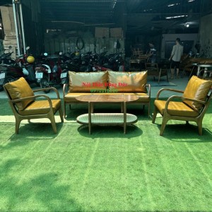 BỘ BÀN GHẾ SOFA GỖ TỰ NHIÊN BỌC DA CAO CẤP – PHONG CÁCH VINTAGE HIỆN ĐẠI