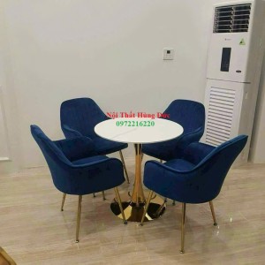 Bộ bàn ghế cafe 4 ghế nệm xanh dương chân vàng sang trọng