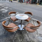 Bộ bàn ghế cafe inox cao cấp bọc da nâu sang trọng hđ01