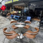Bộ bàn ghế cafe inox cao cấp bọc da nâu sang trọng hđ01